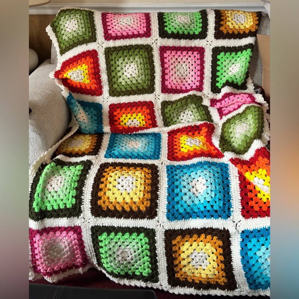 Vintage Colorful Crochet Granny Square Blanket